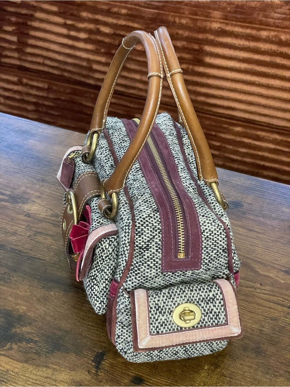 COACH SOHO Tweed & Suede Crystal Bow Satchel - Picture 3 of 12
